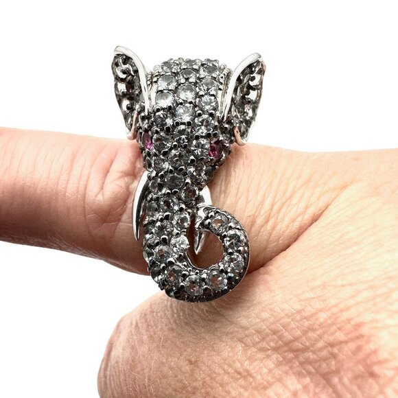 Sima K Sterling Silver Womens Ring White Topaz Ruby Elephant Design Size 6 - Picture 2 of 7